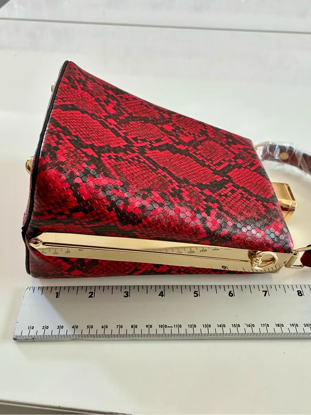 Red Polyurethane Snake-Print Top Handle Bag w/Crossbody Strap NEW UNUSED - READ
